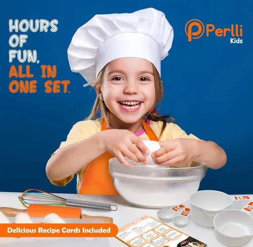 Miniatura 6 de PERLLI Juego de cocina real para niños para cocinar y hornear, 31 piezas. Regalo para chef junior con utensilios reales, estuche y juego de Naranja