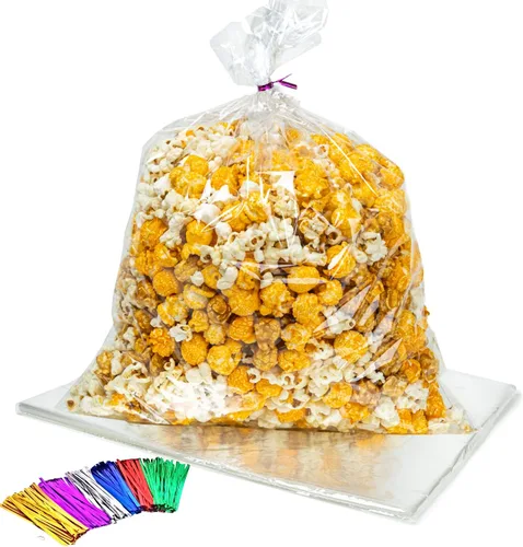 TATTI Paquete de 100 bolsas de celofán grandes de plástico transparente de 12 x 16 pulgadas con lazos giratorios de 4 pulgadas, bolsas de plástico