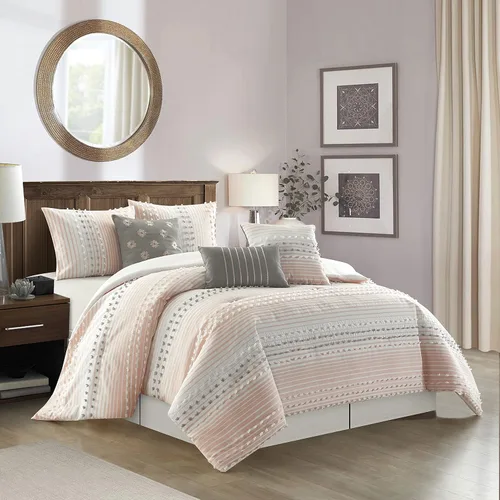 Stratford Park Juego de edredón rosa para niñas, tamaño King Califirnia, ultra suave, juego de ropa de cama de 7 piezas con clip, falda de cama,