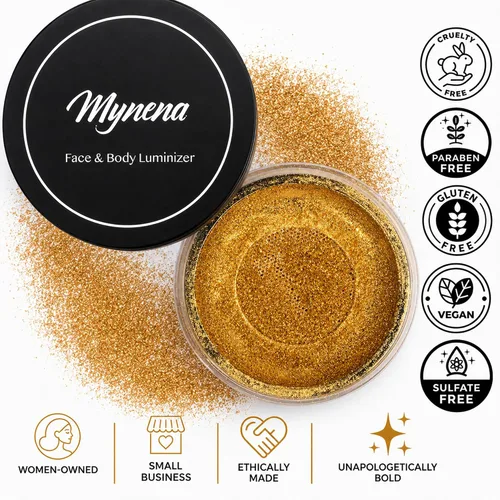 Miniatura 8 de Mynena - Resaltador de polvo suelto dorado cálido Brillo facial y corporal para construir Maquillaje ligero y radiante para aplicación húmeda