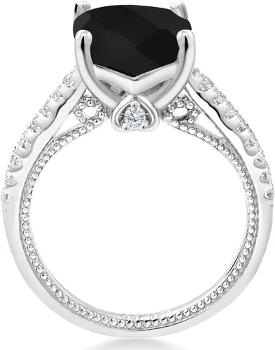 Miniatura 4 de Gem Stone King Anillo de compromiso de plata de ley 925 con ónix negro y zafiro blanco creado para mujer