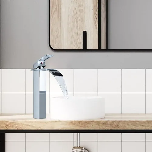 Miniatura 5 de VOTON - Grifo de lavabo cromado moderno alto en cascada para fregadero de baño con desagüe emergente, grifo de baño de una sola manija de un Cromo