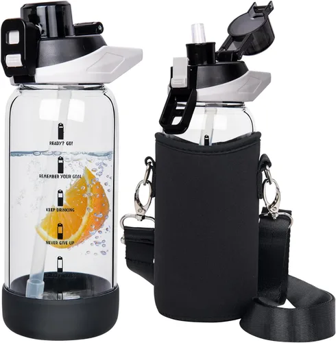 Miniatura 24 de Botella de agua deportiva de vidrio de 32 onzas con popote y marcador de tiempo, botella de vidrio motivacional reutilizable grande para agua Rosa