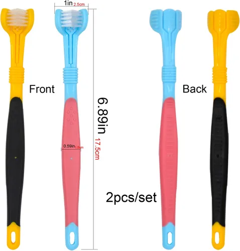 Miniatura 4 de Cepillos de dientes para perros, 2 unidades, azul amarillo, adecuados para perros adultos, diseño de tres caras para una fácil limpieza