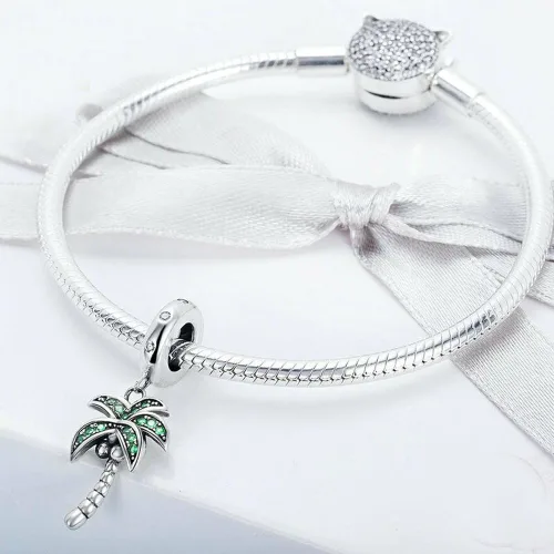 Miniatura 4 de Abalorio colgante de palmera de plata de ley 925 para vacaciones de verano para pulsera y collar, Plata esterlina, plateado