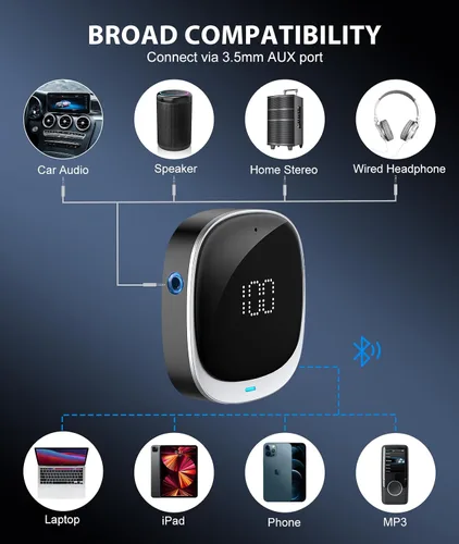 Miniatura 2 de COMSOON Adaptador Bluetooth AUX para Coche, [Pantalla LED] Receptor Bluetooth 5.3 para Altavoz/Estéreo Doméstico/Auriculares con Cable, Receptor