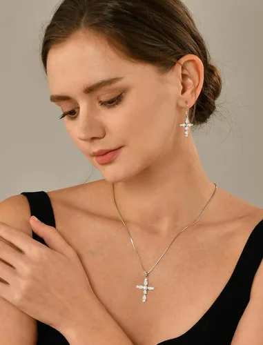 Miniatura 128 de YL Collar de cruz de plata de ley 925 con colgante de piedra natal religiosa para mujer