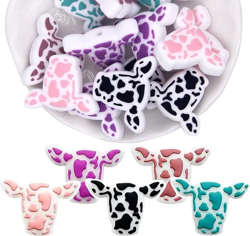 KJMYYXGS Cuentas de silicona de vaca, 15 cuentas focales de silicona de vaca en forma de cuentas para hacer llaveros sueltos para bolígrafos,