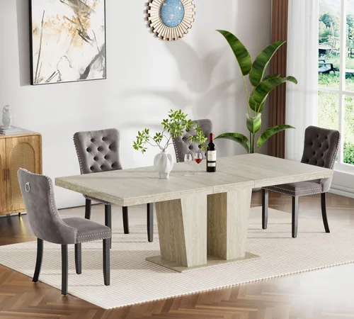 Miniatura 43 de Henf Juego de mesa de comedor extensible de 7 piezas para 6, 160 cm-200 cm Mesa de cocina extensible de grano de mármol blanco con 6 sillas Blanco