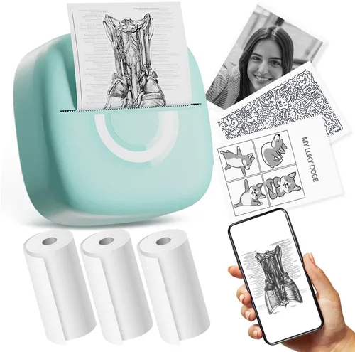 Mini impresora térmica con 3 rollos de papel, cápsulas de impresión de teléfono portátil Bluetooth, fabricante de calcomanías de estudio para fotos,