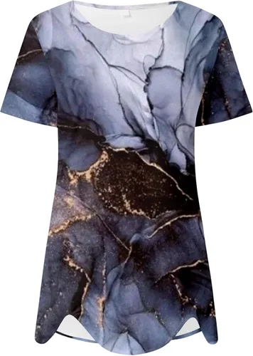 Miniatura 2 de KINGOLDON Camisas de manga corta para mujer, camisetas de verano con estampado de moda, blusas sueltas de manga corta con cuello redondo y abertura