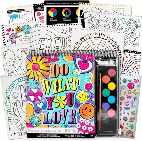 Fashion Angels Juego de póster de acuarela con texto en inglés "Do What You Love", kit de pintura inspirador para niñas, incluye 10 pósteres y 8