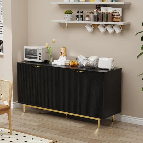 Miniatura 6 de Vipbear Aparador con almacenamiento, mesa consola de madera de 58 pulgadas con 4 puertas acanaladas y estantes ajustables, decoración moderna