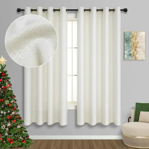Cortinas de color crema y dorado de 63 pulgadas de largo para dormitorio, 2 paneles con ojales, gruesas, semitransparentes, con privacidad, con