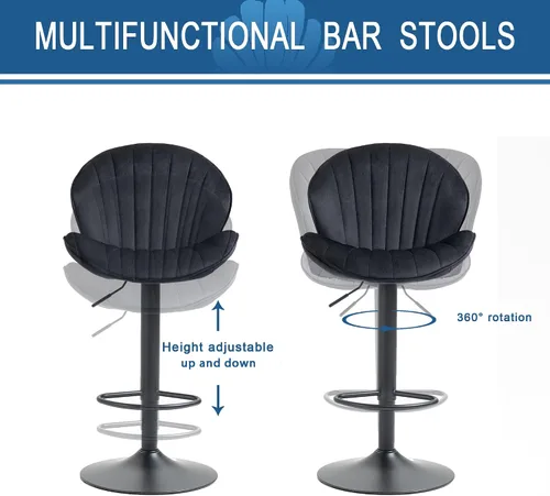 Miniatura 3 de Juego de 2 taburetes de bar, taburetes de bar ajustables con respaldo y reposapiés, taburetes de bar ajustables de terciopelo de diseño moderno