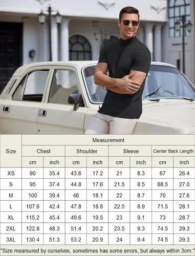 Miniatura 6 de COOFANDY Suéter de cuello alto falso para hombre, de manga corta, color sólido, básico, ajustado, de punto