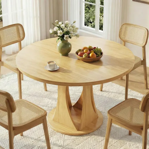Miniatura 14 de iPormis Mesa de comedor extensible de 43 a 59 pulgadas, mesa de cocina redonda con pedestal de arcos modernos, mesa de comedor ovalada con hojas