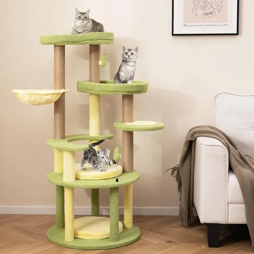 Miniatura 2 de PETSITE Árbol para gatos con temática de aguacate de 51 pulgadas, torre moderna de varios niveles con postes rascadores de yute, juguete colgante