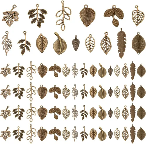 Miniatura 10 de PH PandaHall 150 dijes de hoja de árbol, 15 estilos de filigrana de hoja de metal, dijes de plantas de aleación tibetana de plata antigua, colgantes