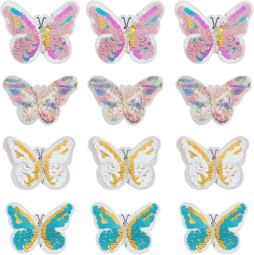INFUNLY 12 parches de mariposa de lentejuelas para coser coloridos parches de mariposa de dibujos animados, apliques de insectos, parches bordados