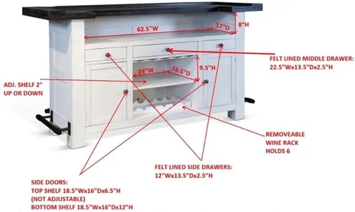 Miniatura 7 de Pemberly Row - Unidad de barra de madera estilo granja de 78" con pasamanos, estantes ajustables, estante para vinos removible, almacenamiento