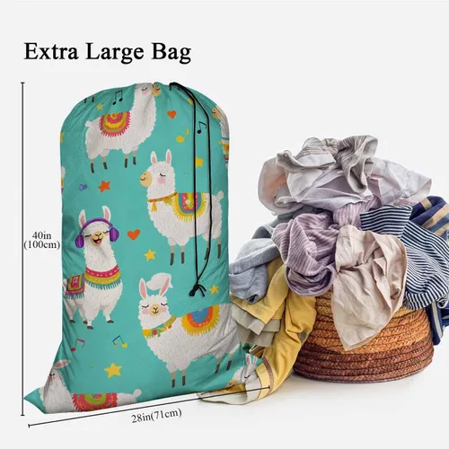 Miniatura 3 de Swono Bolsa grande de ropa sucia de alpaca para cesta de lavandería, diseño de llamas de dibujos animados, animales lindos, lavable a máquina