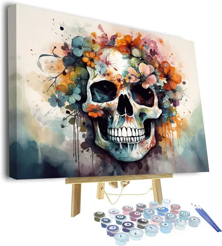 Miniatura 11 de TUMOVO Pintura por números para adultos principiantes, calavera abstracta con flores, kits de pintura por números para adultos, kits de pintura por