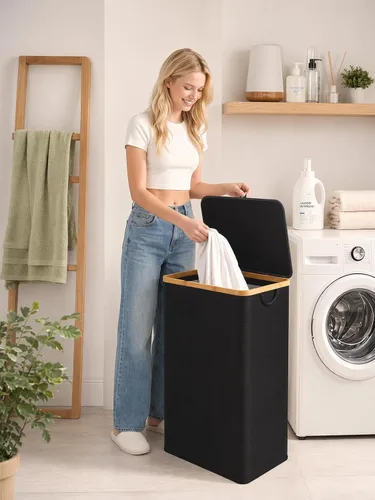 Miniatura 7 de iEGrow Cesto para la ropa sucia con tapa, cesta grande para la ropa sucia de 110 litros con asa y tapa, organizador de ropa plegable con bolsa Negro