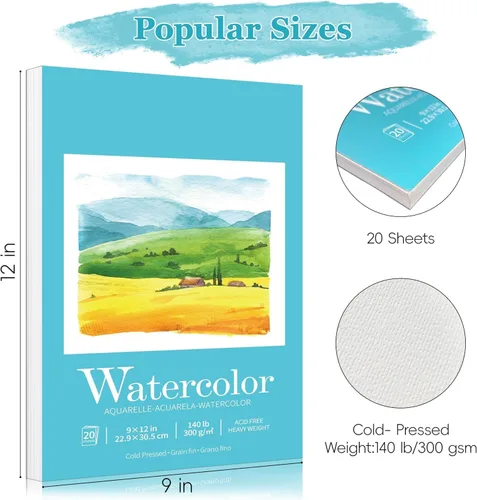 Miniatura 2 de Paquete de 2 cuadernos de bocetos de acuarela, bloc de papel de acuarela de 9 x 12 pulgadas, 140 libras/300 gsm, cuaderno de acuarela y cuaderno