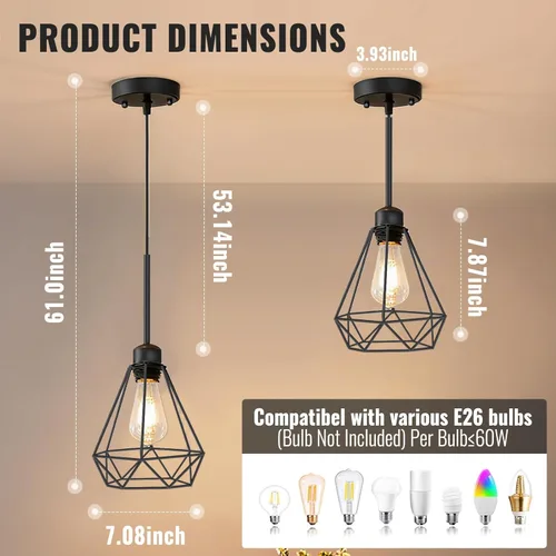 Miniatura 3 de Maliralt Lámpara colgante de luces colgantes – Lámparas colgantes ajustables con pantalla de diamante de metal negro para isla de cocina, comedor