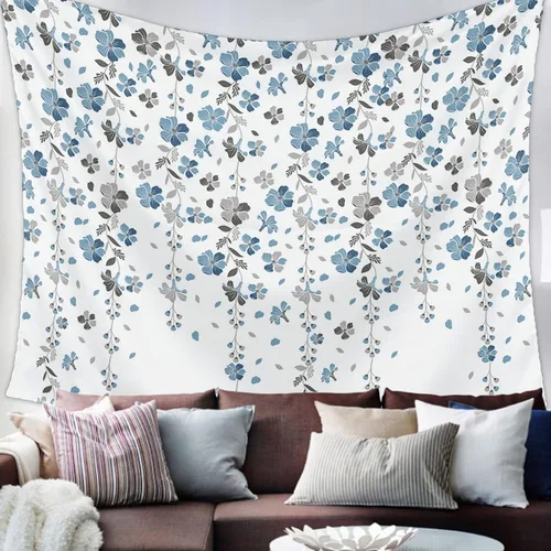 Miniatura 2 de Tapiz para colgar en la pared, tapices florales azules y grises, tapiz estético de flores de primavera para dormitorio, sala de estar, dormitorio