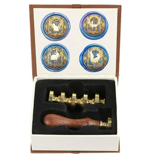 Juego de sellos de cera de animales estrellados con 4 cabezas de latón extraíbles y 1 mango de madera, sello de cera retro vintage para gatos,