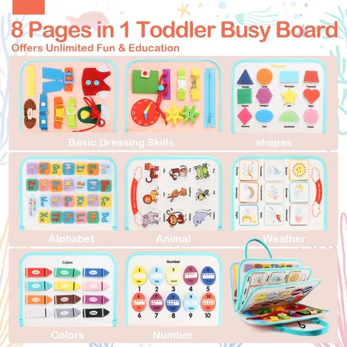 Miniatura 2 de Teefrye Tablero Montessori para niños pequeños de 1 a 3 años de edad, tablero de actividades educativas, juguetes sensoriales de viaje, de 2 a 4 Rosa