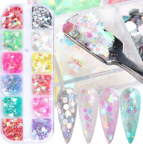 Miniatura 15 de Lentejuelas de uñas de mariposa 3D de 12 colores, mariposas luminosas, diseño de arte de uñas, mariposas holográficas con forma de copos