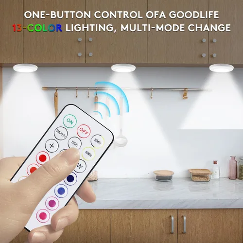 Miniatura 2 de Luces LED de disco con control remoto, 13 colores RGB regulables debajo del gabinete, cambio de color a pilas, ambiente festivo para cocina, Negro