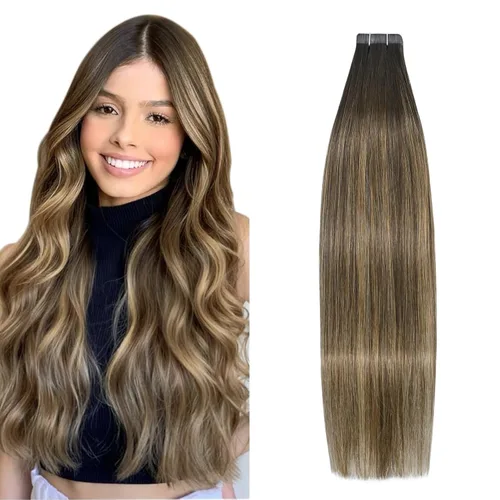 Miniatura 20 de Extensiones de cabello humano adhesivas, sedosas y lacias, 100% Remy, color marrón oscuro, para mujeres, 20 unidades por paquete