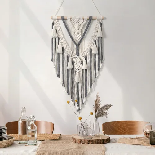 Miniatura 5 de Dremisland - Tapiz tejido de macramé para colgar en la pared, estilo bohemio geométrico, en beige y gris, de algodón hecho a mano, decoración
