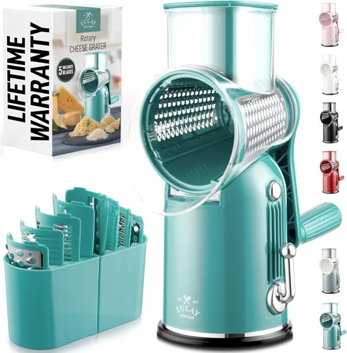 Miniatura 11 de Zulay Kitchen Rallador rotativo de queso de 5 cuchillas, rallador de queso manual de manivela con succión reforzada y 5 tambores intercambiables