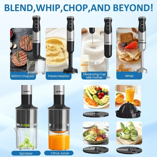 Miniatura 2 de Licuadora de inmersión profesional 6 en 1, licuadora de mano resistente con 12 velocidades y 10 accesorios, picadora de alimentos de 20 onzas