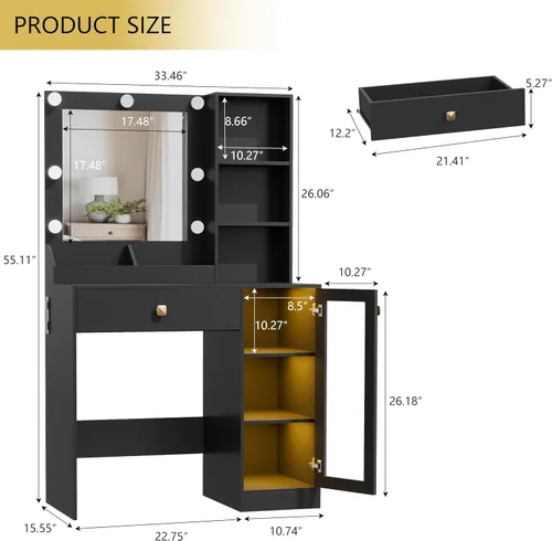 Miniatura 2 de Wodeer Pequeño escritorio de maquillaje con espejo y luces, tocador con armario de cristal, luces LED y toma de corriente, cajón y gabinetes