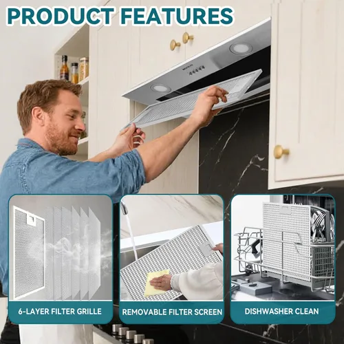 Miniatura 4 de Campana extractora integrada/insertada de 400 CFM de 24 pulgadas, ventilación de cocina convertible con conductos/sin conductos con luces LED de 3