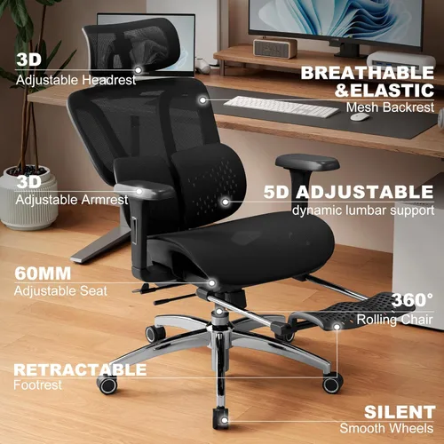 Miniatura 3 de Vonesse Silla de oficina ergonómica con reposapiés, sillas de escritorio con reposacabezas y reposabrazos ajustables 3D, silla de juegos de Negro