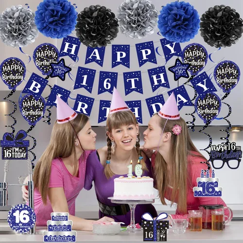 Miniatura 3 de Decoraciones de cumpleaños número 16 para niños y niñas, pancarta azul de feliz cumpleaños número 16, decoración de fiesta de dieciséis cumpleaños
