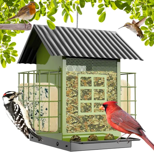 FlowaFoli Comederos para pájaros para colgar al aire libre, comedero de metal para pájaros con doble jaula de sebo para pasteles, gran capacidad,