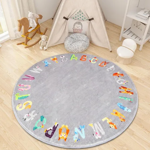 Alfombra redonda ABC para niños, 4 pies con letras del alfabeto de animales, lavable, antideslizante, bonita alfombra para habitación de niños,