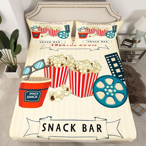 Miniatura 16 de Sábana bajera ajustable de cine tamaño individual, sábanas vintage para niños, niñas y adultos, juego de ropa de cama de palomitas de maíz