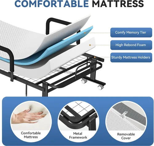Miniatura 5 de Cama plegable para invitados con colchón y respaldo ajustable de 6 posiciones para adultos, cama nido plegable de metal, siesta de oficina, descanso