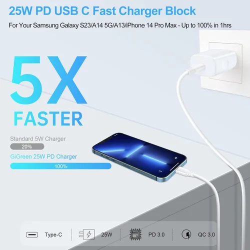 Miniatura 2 de 25W Samsung Bloque de carga rápida Android Cargador de teléfono USB C Adaptador de enchufe de pared para Samsung Galaxy A17 A16 5G/S26 Ultra/Z Blanco