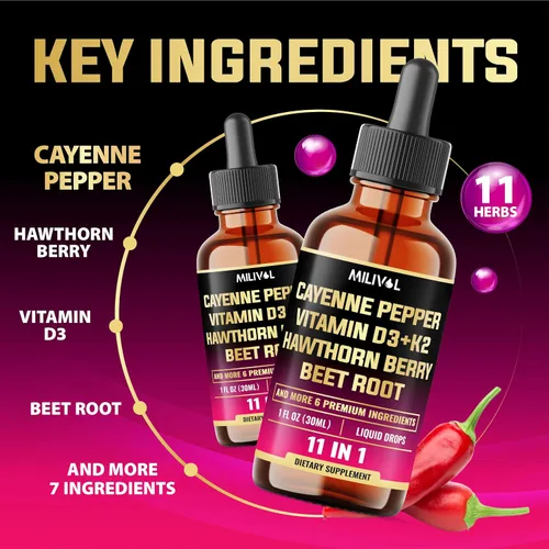 Miniatura 3 de Gotas líquidas de pimienta de cayena 11 en 1 con bayas de espino, vitamina D3, K2, berberina, melón amargo, cúrcuma y más - para apoyo cardíaco e