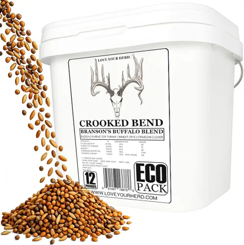 Crooked Bend Branson's Buffalo Blend, paquete ecológico de 12 libras, semillas de parcela de alimentos de cola blanca para ciervos, pavos, faisanes,